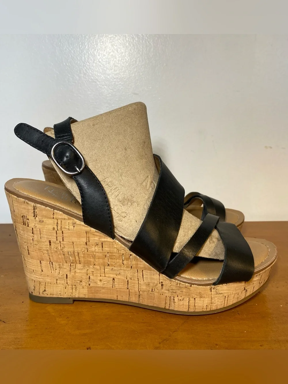 Franco Sarto Women’s 7 Black Leather Strappy Cork Wedges Heels Cooper Sandals